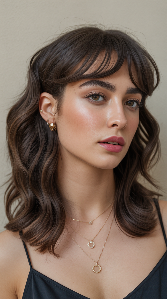 Modern wolf haircuts 2026 Soft Feminine Wolf Layers With Delicate Curtain Fringe