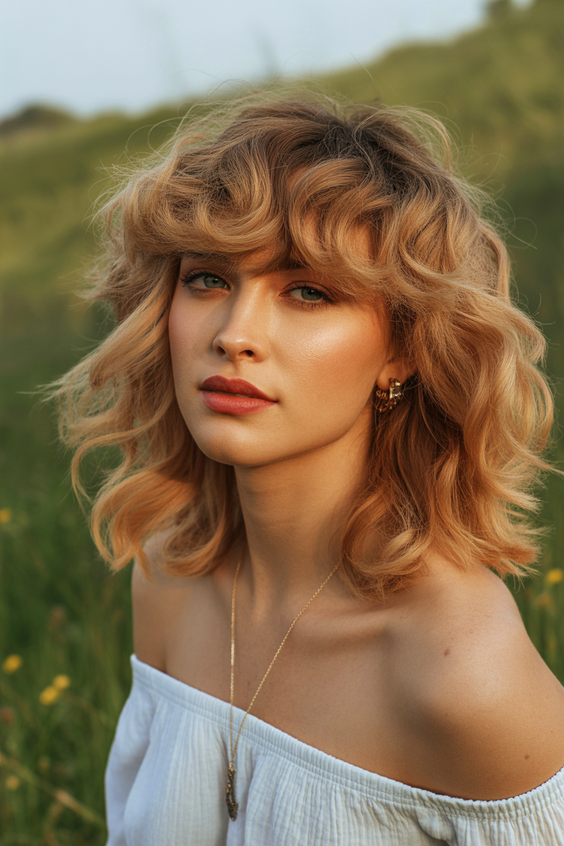 Modern wolf haircuts 2026 Golden Curly Wolf Shag With Voluminous Fringe