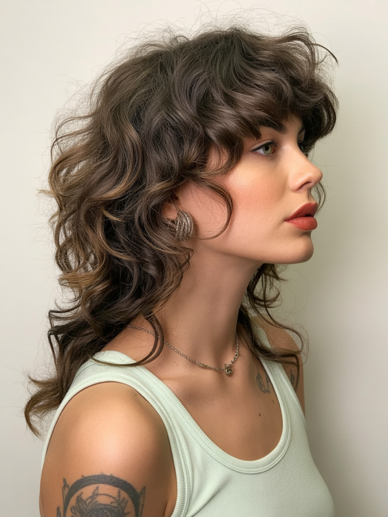 Modern wolf haircuts 2026 Deep Brunette Curly Wolf Cut With Defined Structure