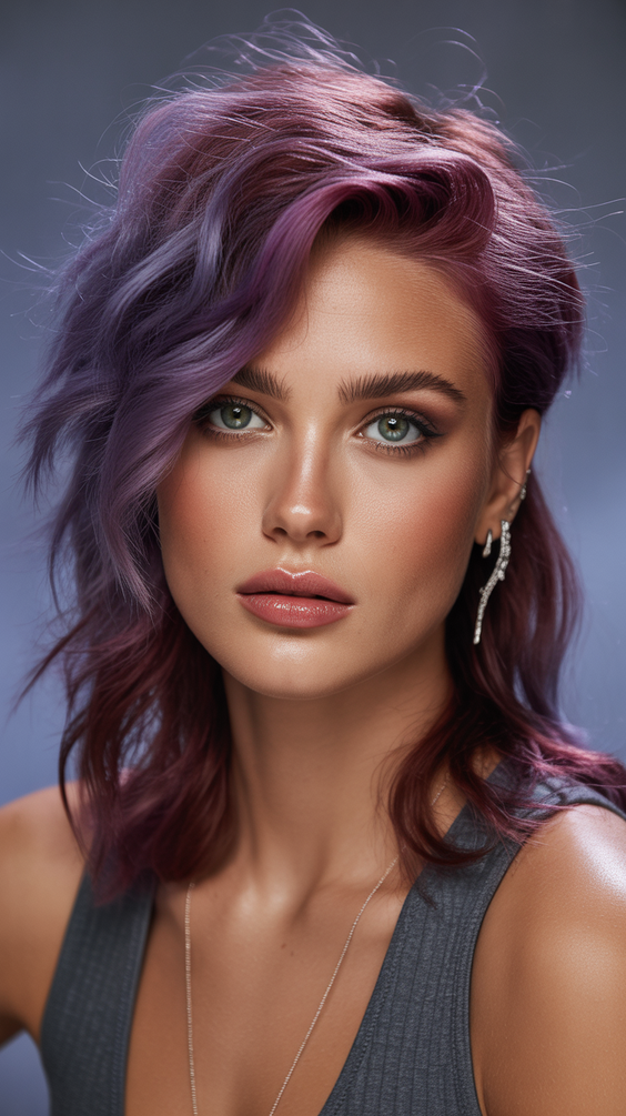 Modern wolf haircuts 2026 Violet Ombre Wolf Cut With Asymmetrical Flow