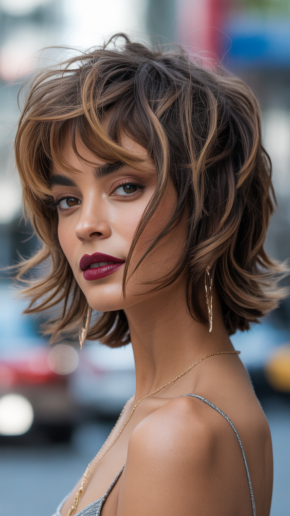 Modern wolf haircuts 2026 Choppy Brunette Wolf Bob With Lived-In Texture