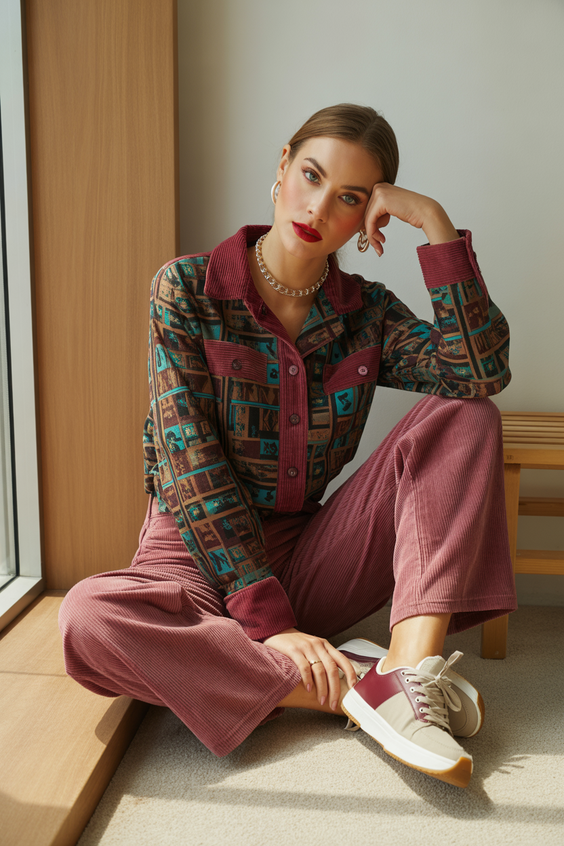 modest outfit ideas for women 2026 soft corduroy layers with a retro modest twist