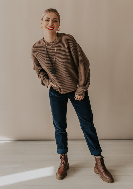 modest outfit ideas for women 2026 laid back knitwear with relaxed denim structure