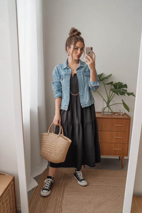 modest outfit ideas for women 2026 effortless denim jacket styling with a tiered black dress