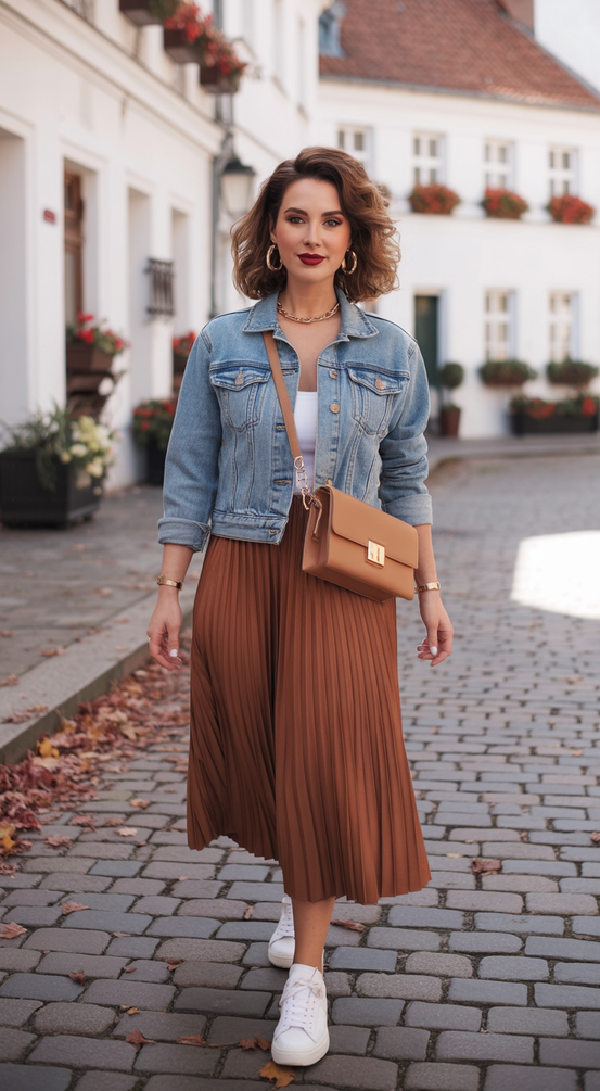 modest outfit ideas for women 2026 denim meets pleats for a modern modest city look