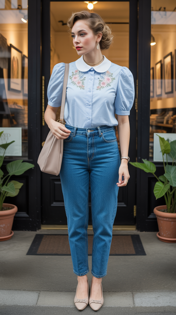 modest outfit ideas for women 2026 vintage inspired blue blouse with modest everyday denim