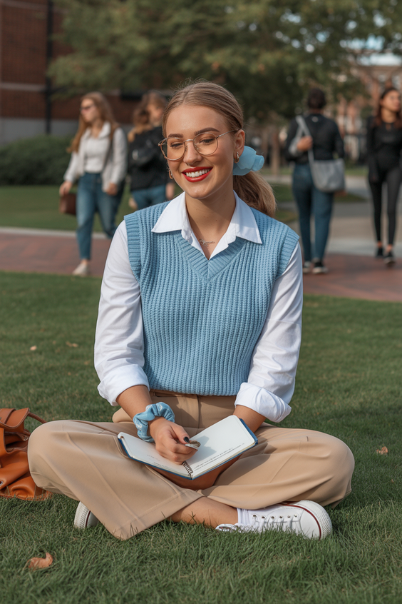 modest outfit ideas for women 2026 preppy modest layers with campus charm