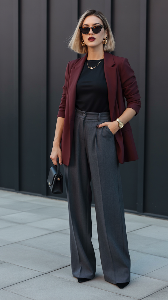 modest outfit ideas for women 2026 structured elegance in deep burgundy and charcoal