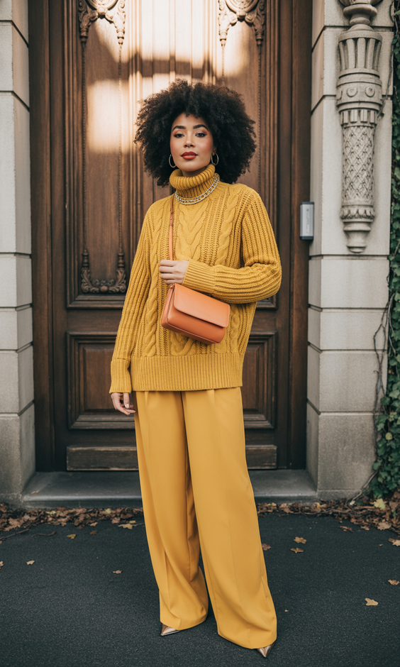 modest outfit ideas for women 2026 bold monochrome yellow with confident modest flair