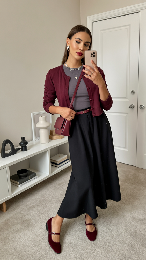 modest outfit ideas for women 2026 burgundy layering with a soft feminine modest aesthetic