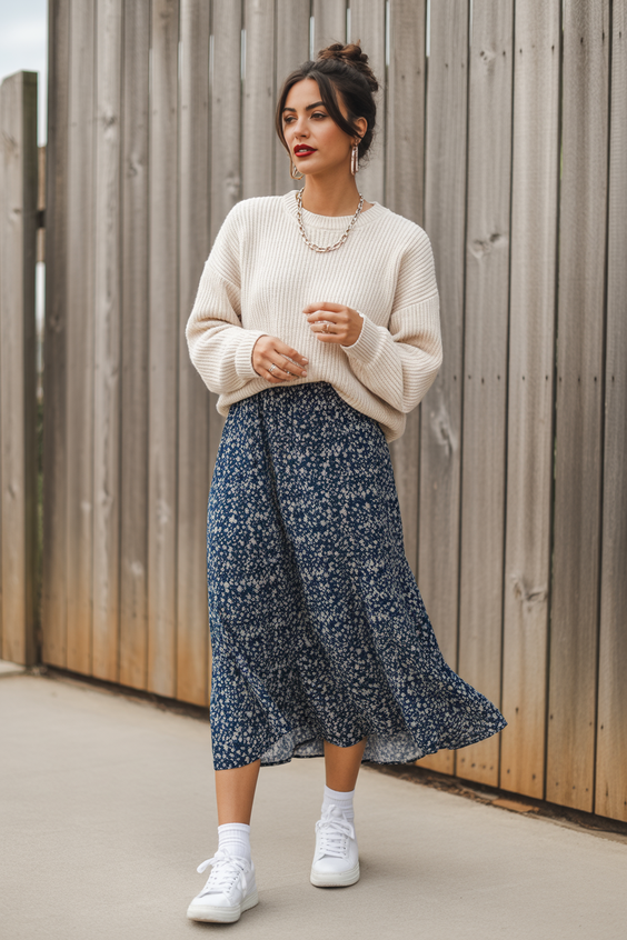 modest outfit ideas for women 2026 cozy cream knit with a flowing floral midi