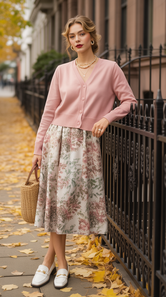 modest outfit ideas for women 2026 soft pastel cardigan with romantic printed skirt