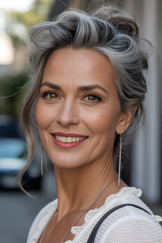 Mushroom brown hair color 2026 Mushroom Brown Grey Blending with Soft Updo