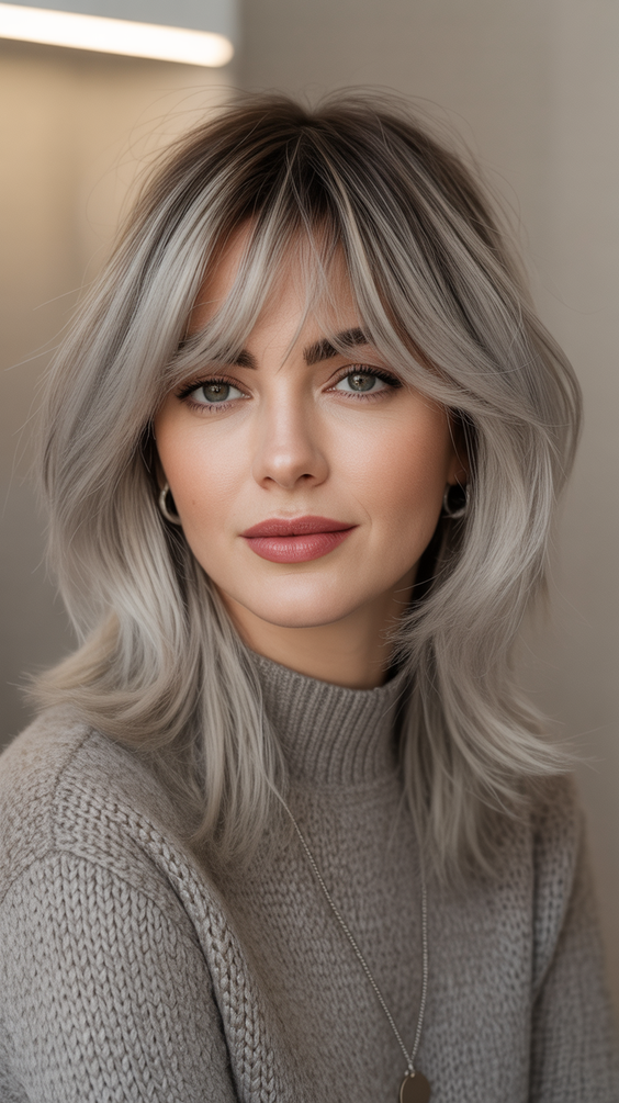 Mushroom brown hair color 2026 Cool Mushroom Brown with Grey Blending Fringe