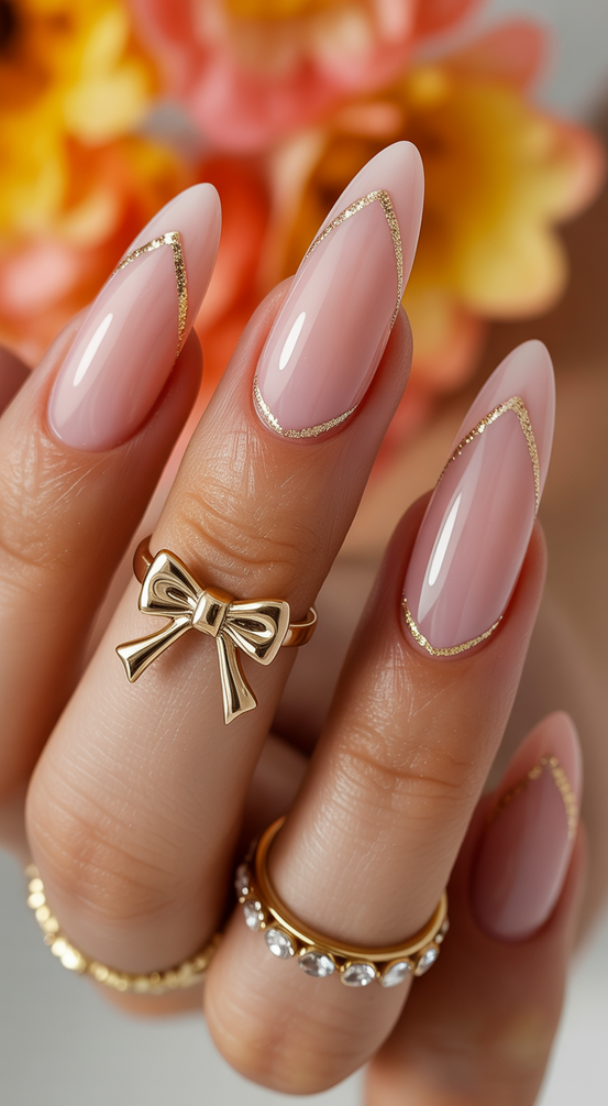 nails design ideas 2026 Soft Almond French With Gold Edge