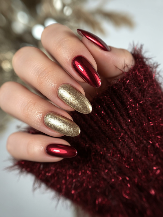 nails design ideas 2026 Red And Gold Chrome Almond Nails