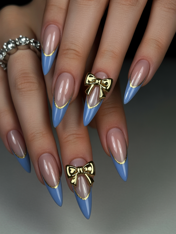 nails design 2026 Blue Almond French With Gold Bow Details