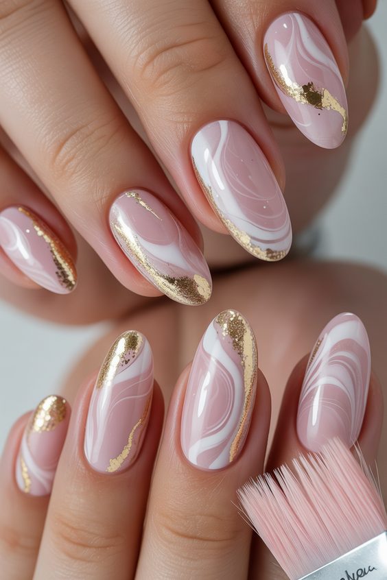 nails design ideas 2026 Blush Marble With Gold Veins