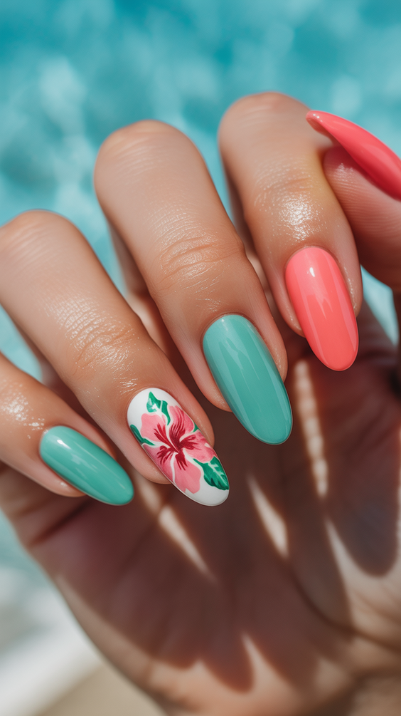 nails design ideas 2026 Summer Coral And Mint Floral Nails