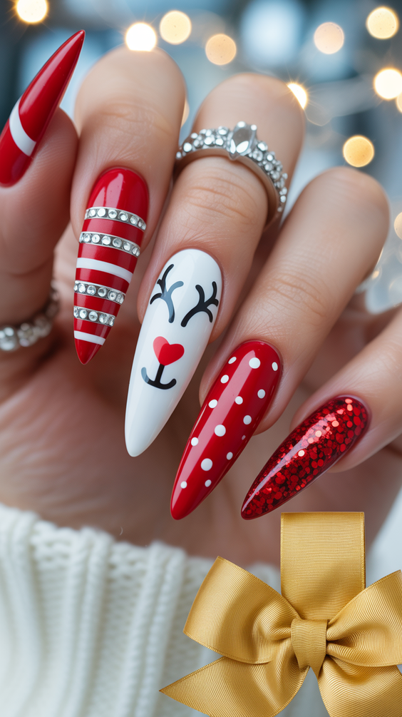 nails design ideas 2026 Festive Red Graphic Nails