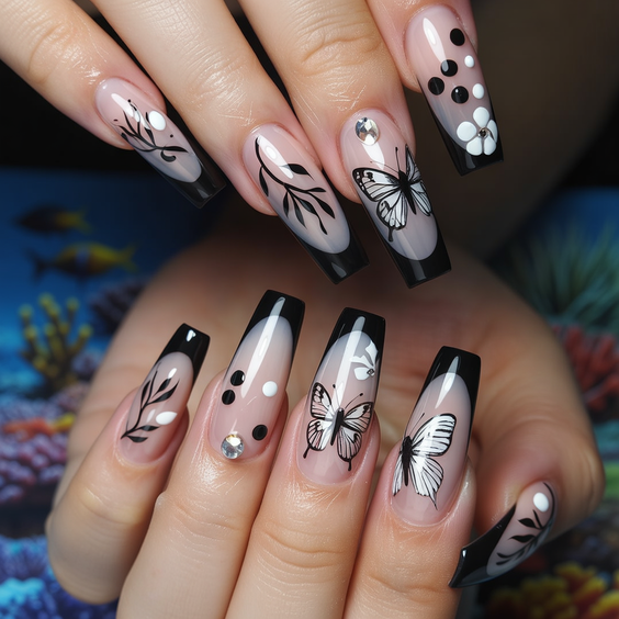 nails design 2026 Black French With Butterfly Art