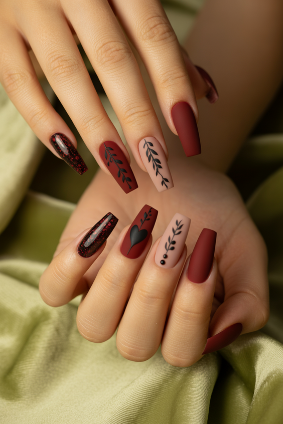 nails design ideas 2026 Matte Burgundy Botanical Nails