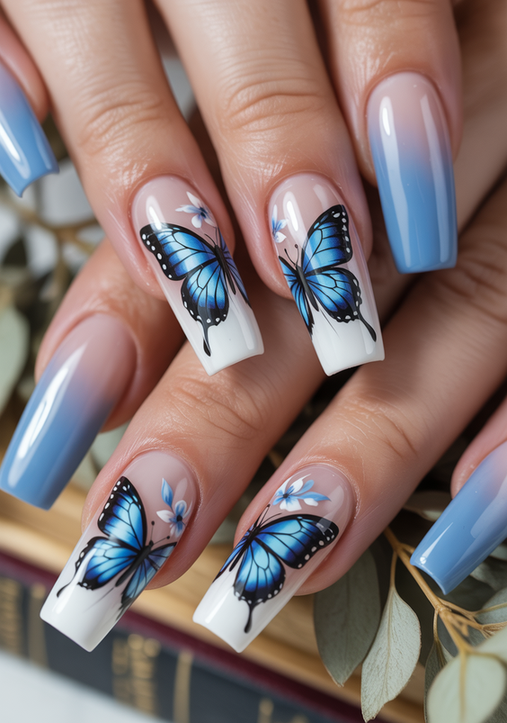 nails design ideas 2026 Blue French Butterfly Nails
