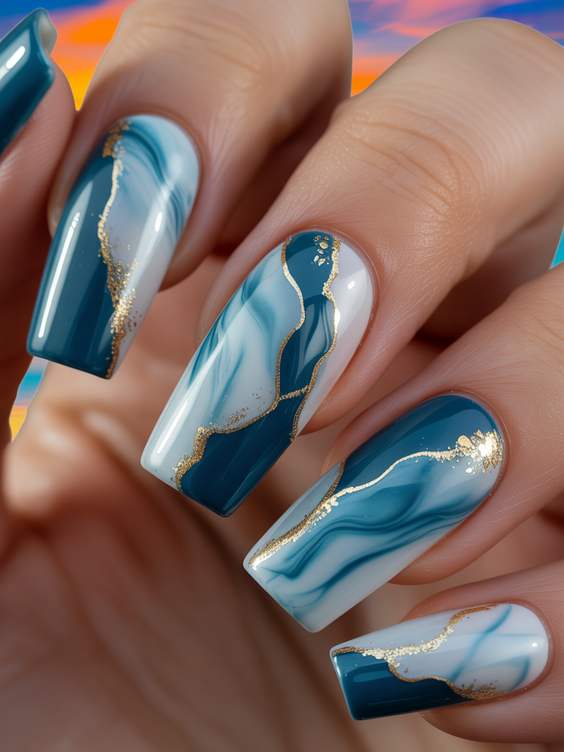 nails design ideas 2026 Teal Marble Nails With Gold Veins