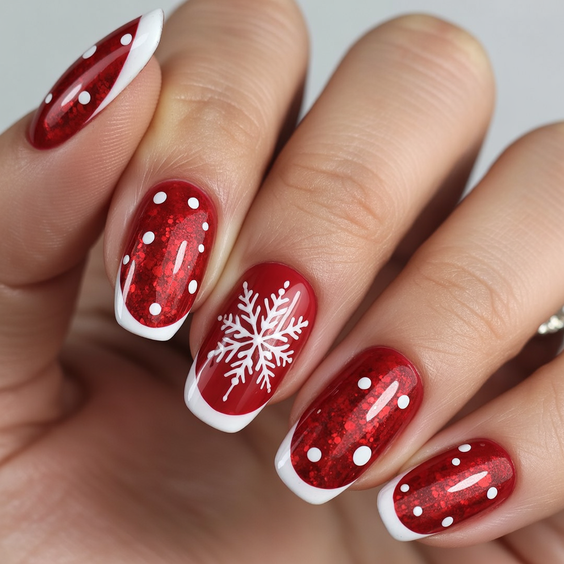 nails design ideas 2026 Red Winter French With Snowflake Accent