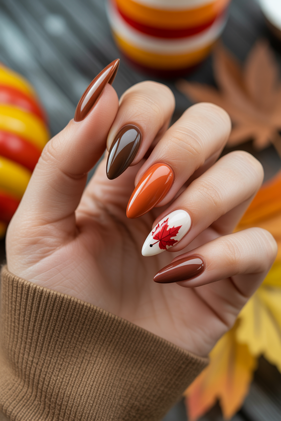 nails design ideas 2026 Autumn Almond Mix With Leaf Accent