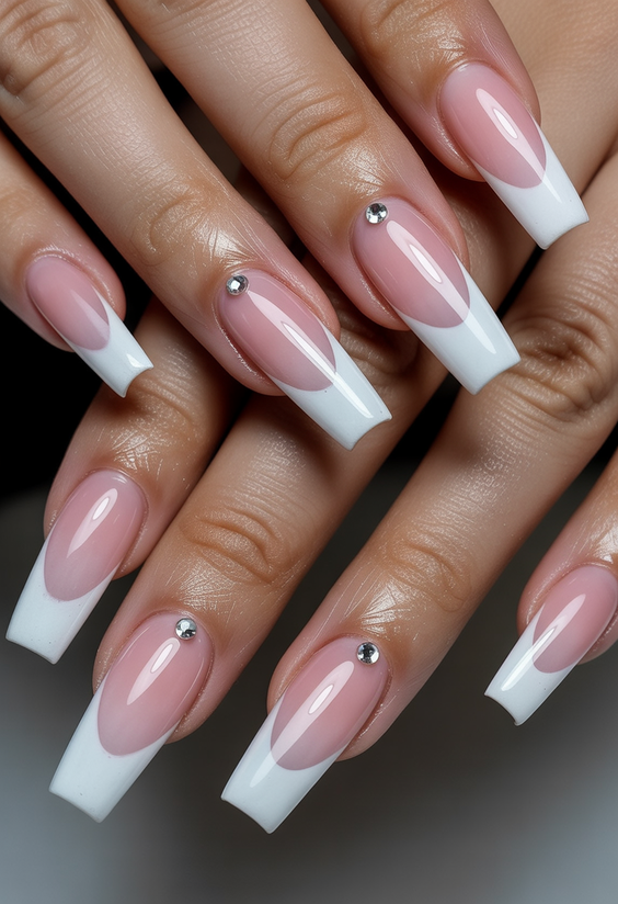 nails design 2026 Clean Square French With Crystal Accent