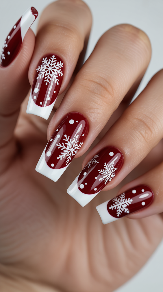 nails design ideas 2026 Burgundy Winter French With Snowflake Art