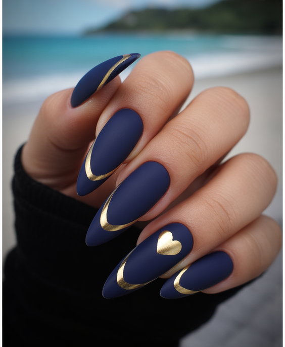 nail inspo 2026 midnight blue almond gold