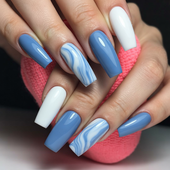 nail inspo 2026 blue white marble square