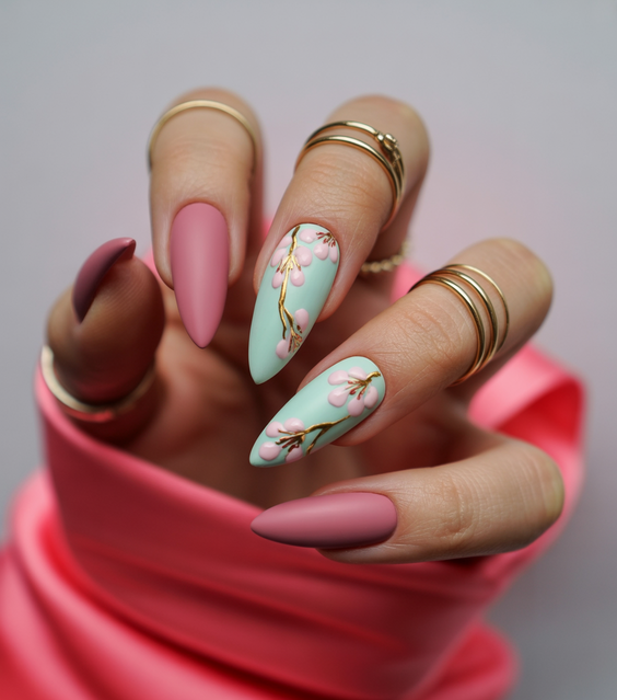 nail inspo 2026 mint pink floral almond