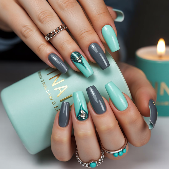 nail inspo 2026 green gray square