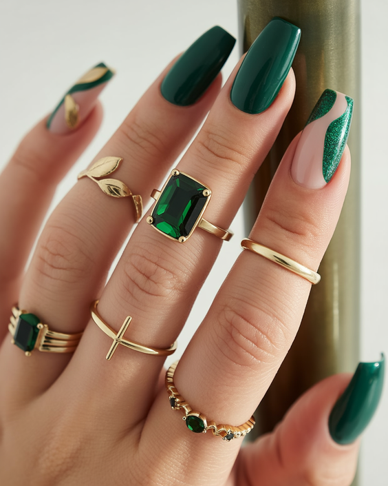 nail inspo 2026 emerald green almond gold