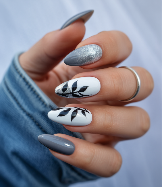 nail inspo 2026 gray white almond botanical