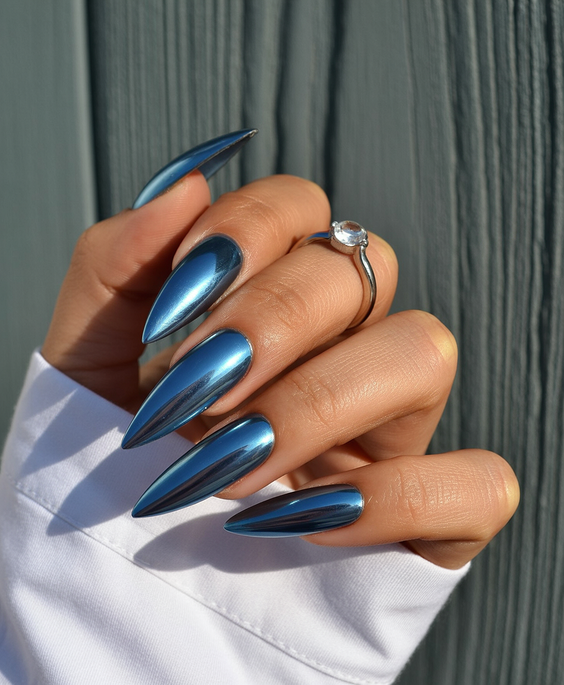 neutral nail designs 2026 deep blue chrome statement nails