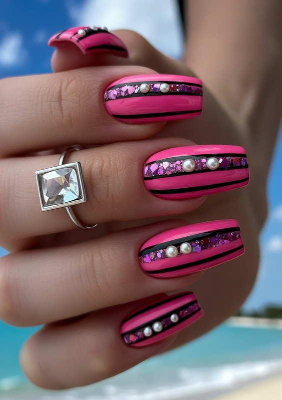 pink nails ideas 2026 striped design with pearls