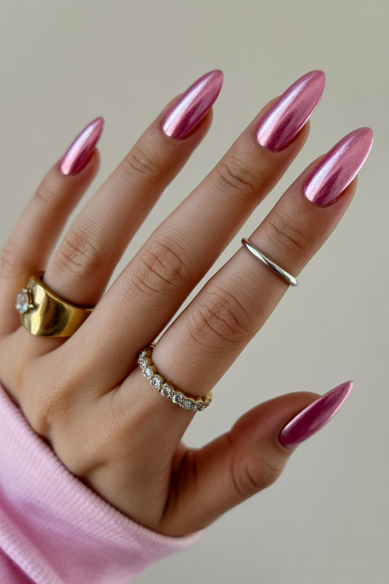 pink nails ideas 2026 chrome almond manicure