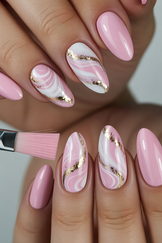 pink nails ideas 2026 milky marble gold design