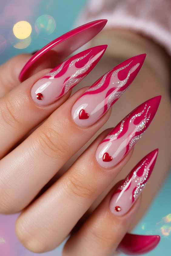 pink nails ideas 2026 hot pink flame art