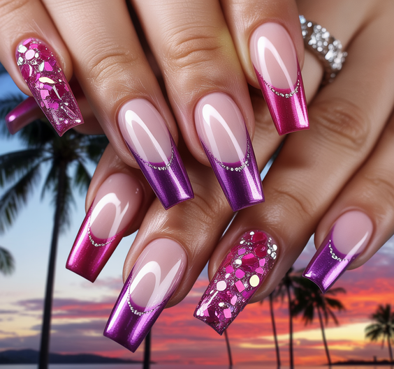 pink nails ideas 2026 metallic french square