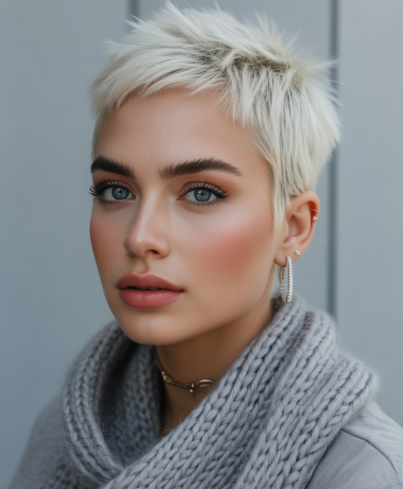pixie hairstyles 2026 Soft Platinum Pixie With Clean Edges
