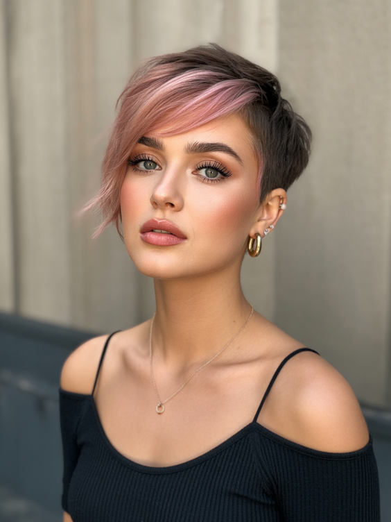 pixie hairstyles 2026 Soft Pink Pixie With Side Fringe