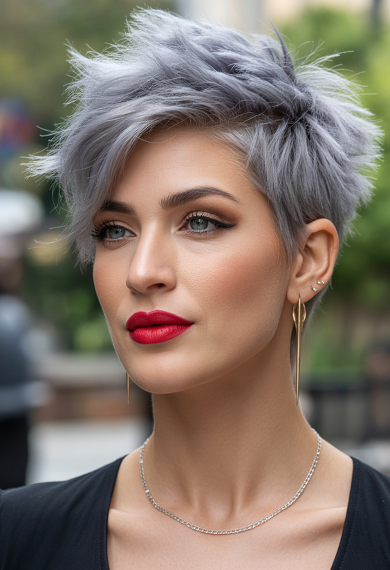 pixie hairstyles 2026 Textured Silver Pixie With Volume