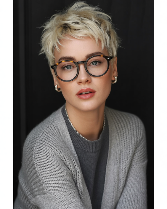 pixie hairstyles 2026 Textured Pixie With Glasses Friendly Shape