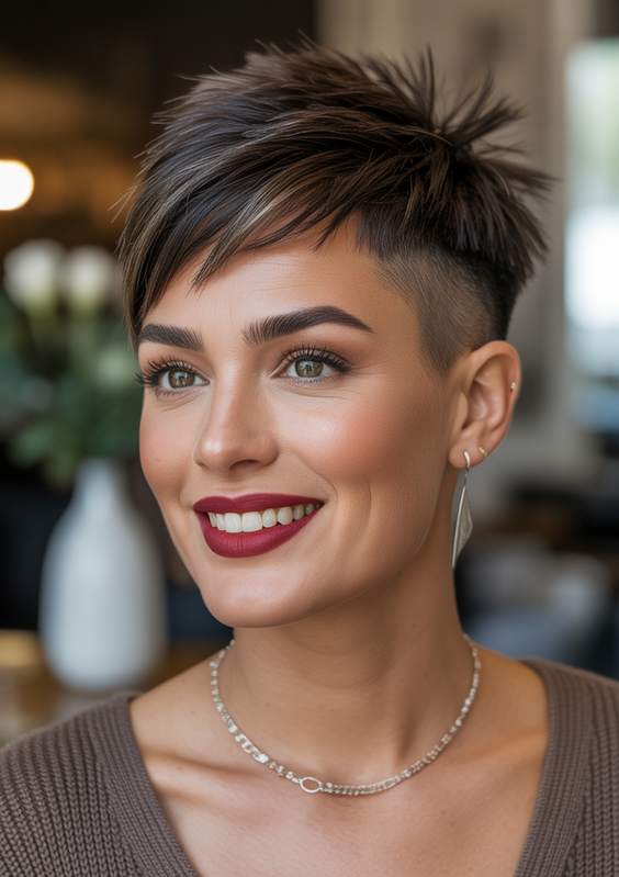 pixie hairstyles 2026 Edgy Brunette Pixie With Undercut