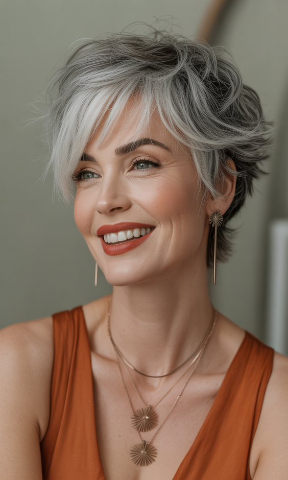 pixie hairstyles 2026 Layered Silver Pixie With Natural Texture